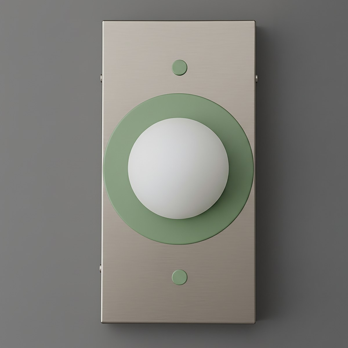 Minimalist rectangular wall sconce with brushed metal finish and green circular accent around frosted white globe shade. - SCONCE MODEL NO. 4474