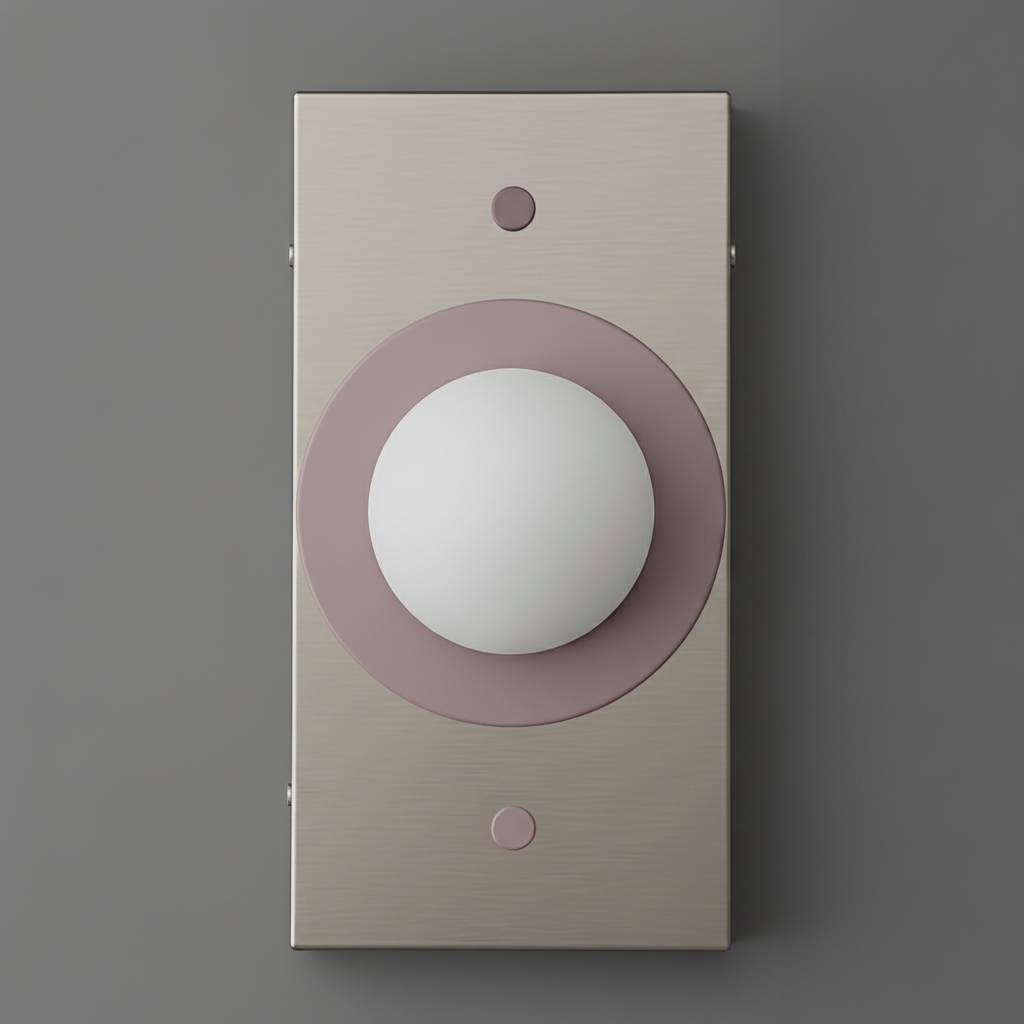 Minimalist rectangular metal sconce with mauve circular accent and frosted white globe light. - SCONCE MODEL NO. 4474