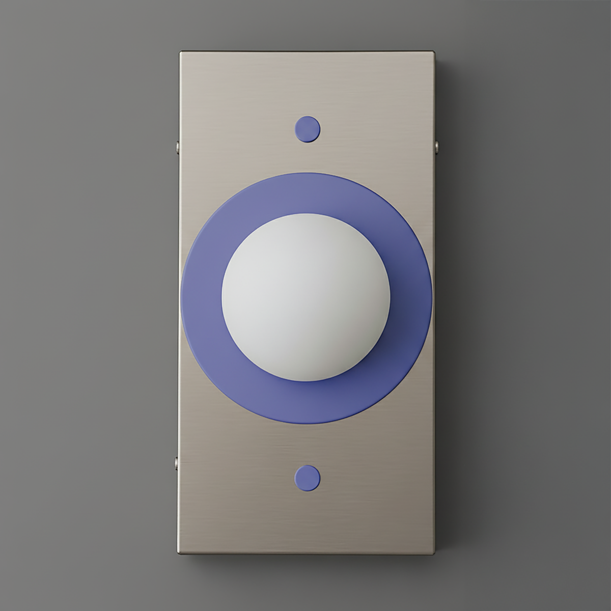 Brushed metal rectangular sconce with periwinkle circular accent and white globe light. - SCONCE MODEL NO. 4474