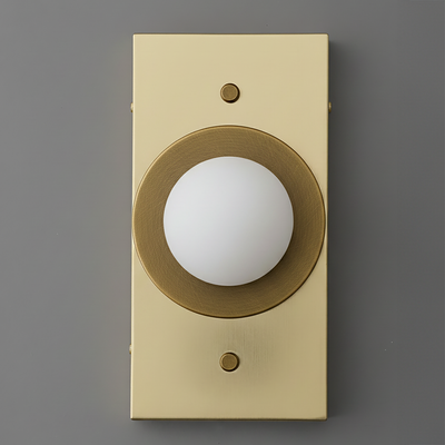 Antique brass rectangular sconce with round white globe light and circular brass accent ring. - SCONCE MODEL NO. 4474