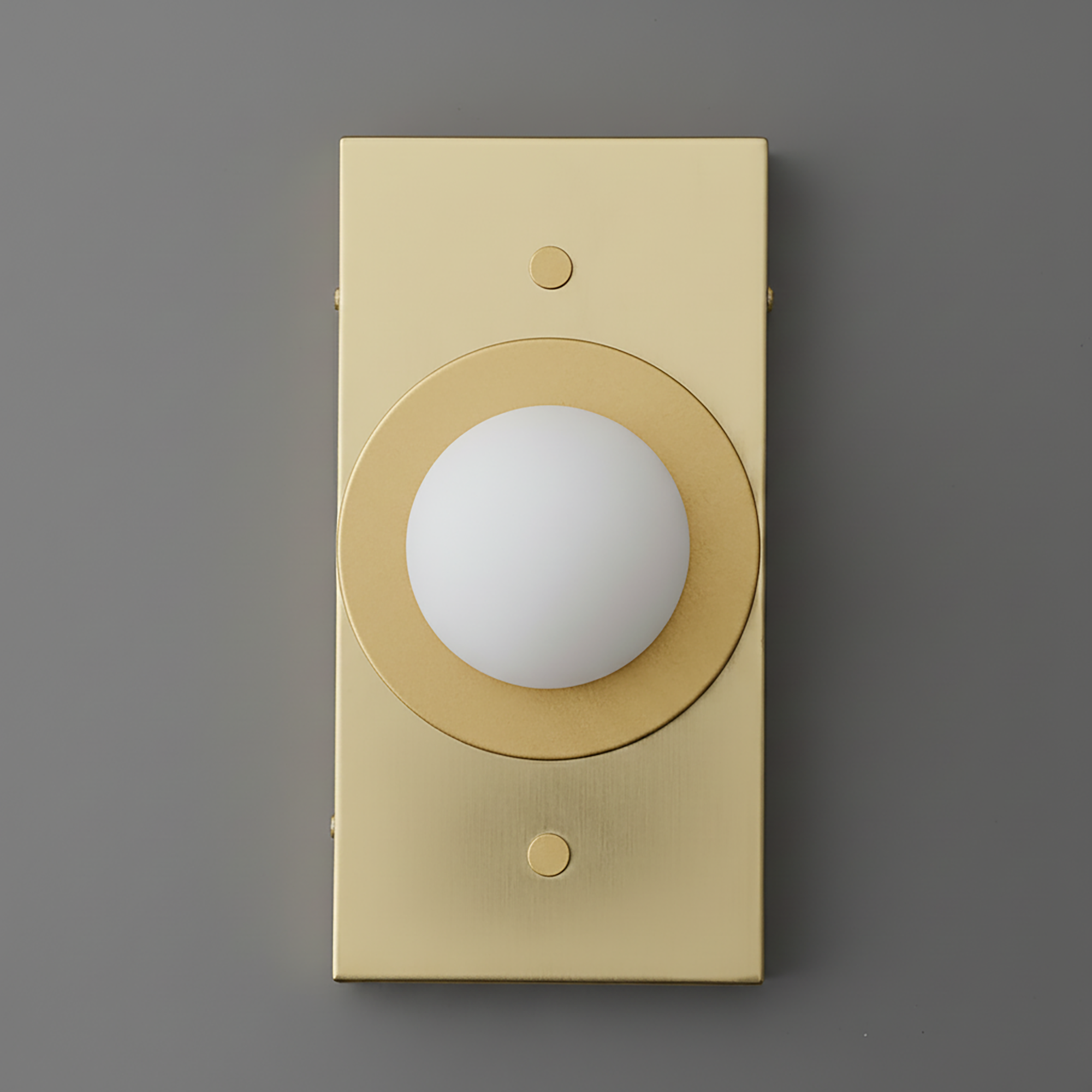 Rectangular wall sconce in sealed brass finish with a round frosted glass globe diffuser centered on a circular brass plate. - SCONCE MODEL NO. 4474