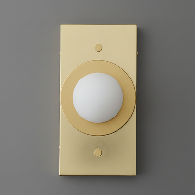 Rectangular wall sconce in sealed brass finish with a round frosted glass globe diffuser centered on a circular brass plate. - SCONCE MODEL NO. 4474
