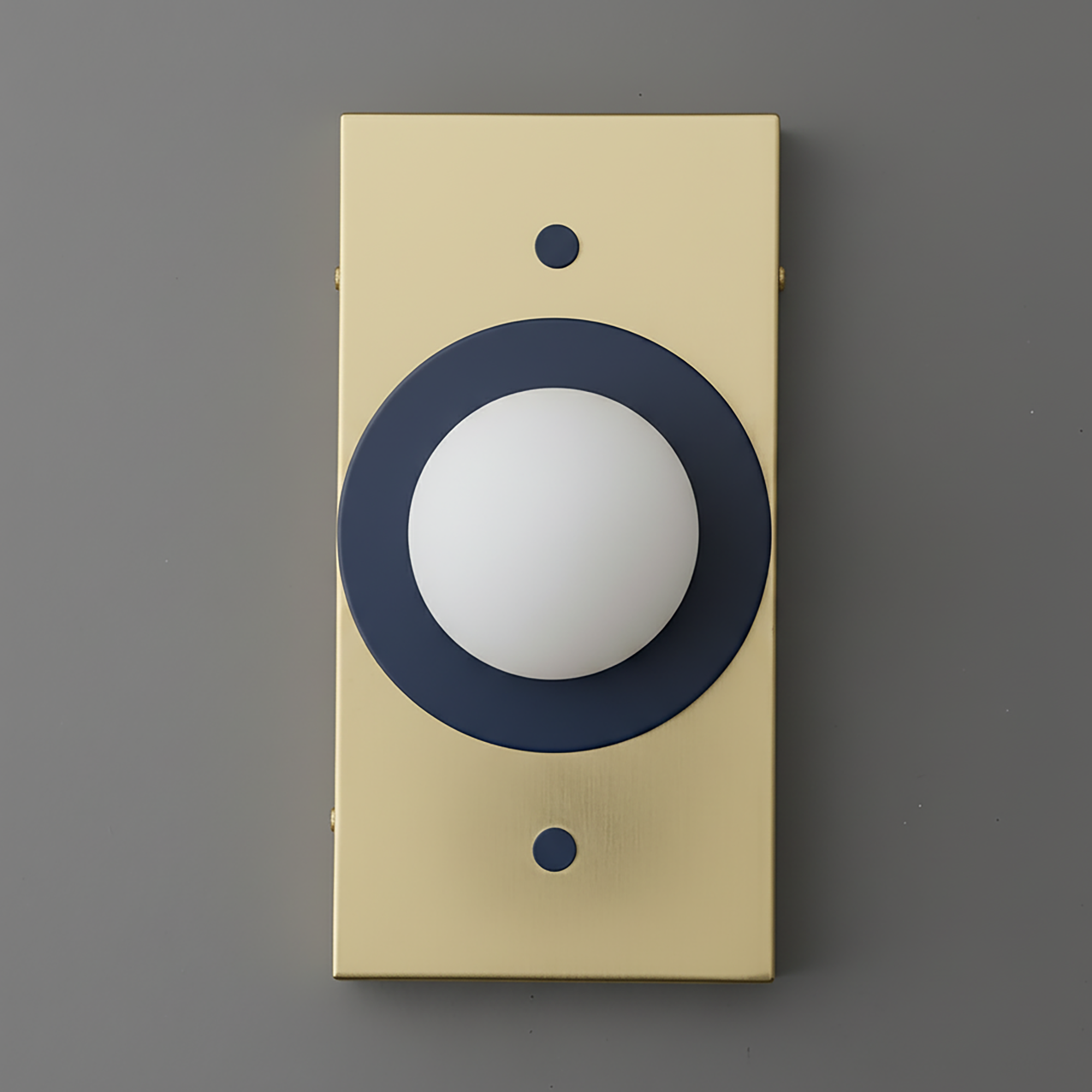 Wall sconce with cream rectangular backplate, black circular frame, and white globe light diffuser. - SCONCE MODEL NO. 4474