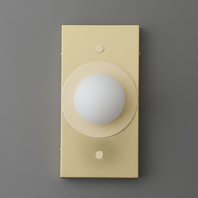 Minimalist wall sconce with a cream rectangular metal base and a centered frosted glass globe light. - SCONCE MODEL NO. 4474