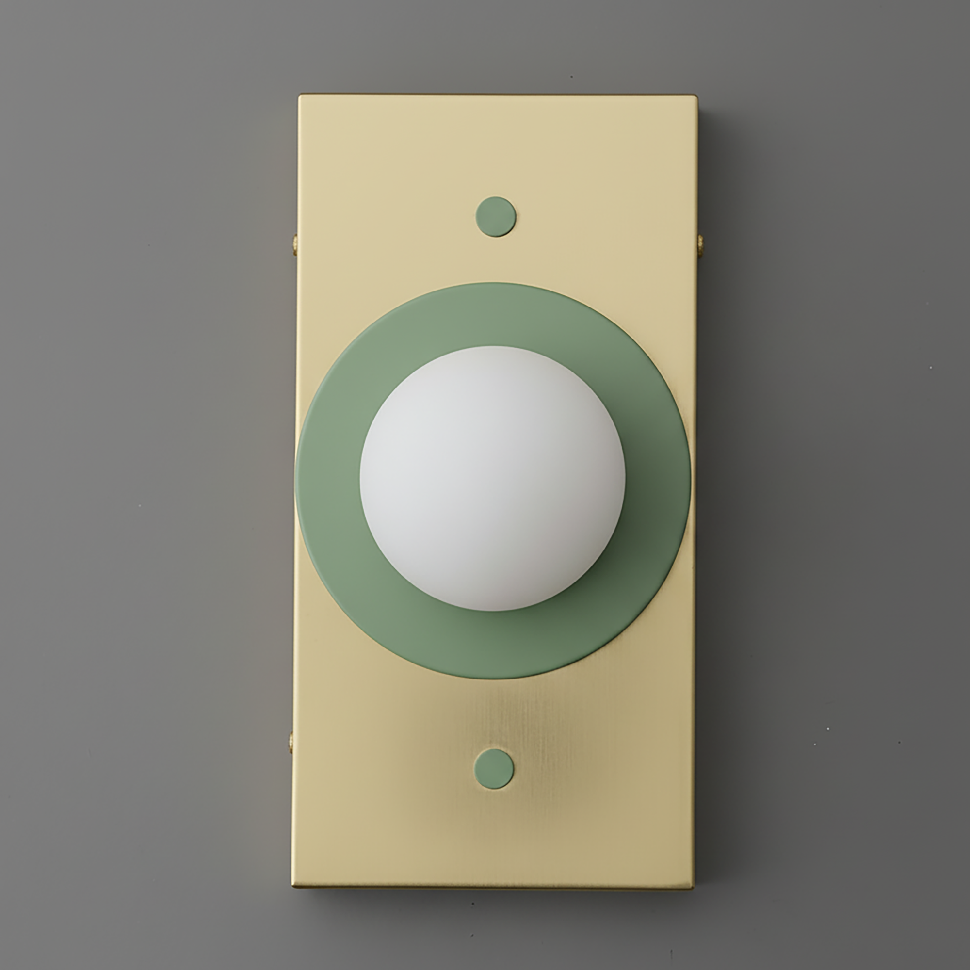 Minimal sconce with cream rectangular base and muted green circular frame around frosted white globe bulb. - SCONCE MODEL NO. 4474