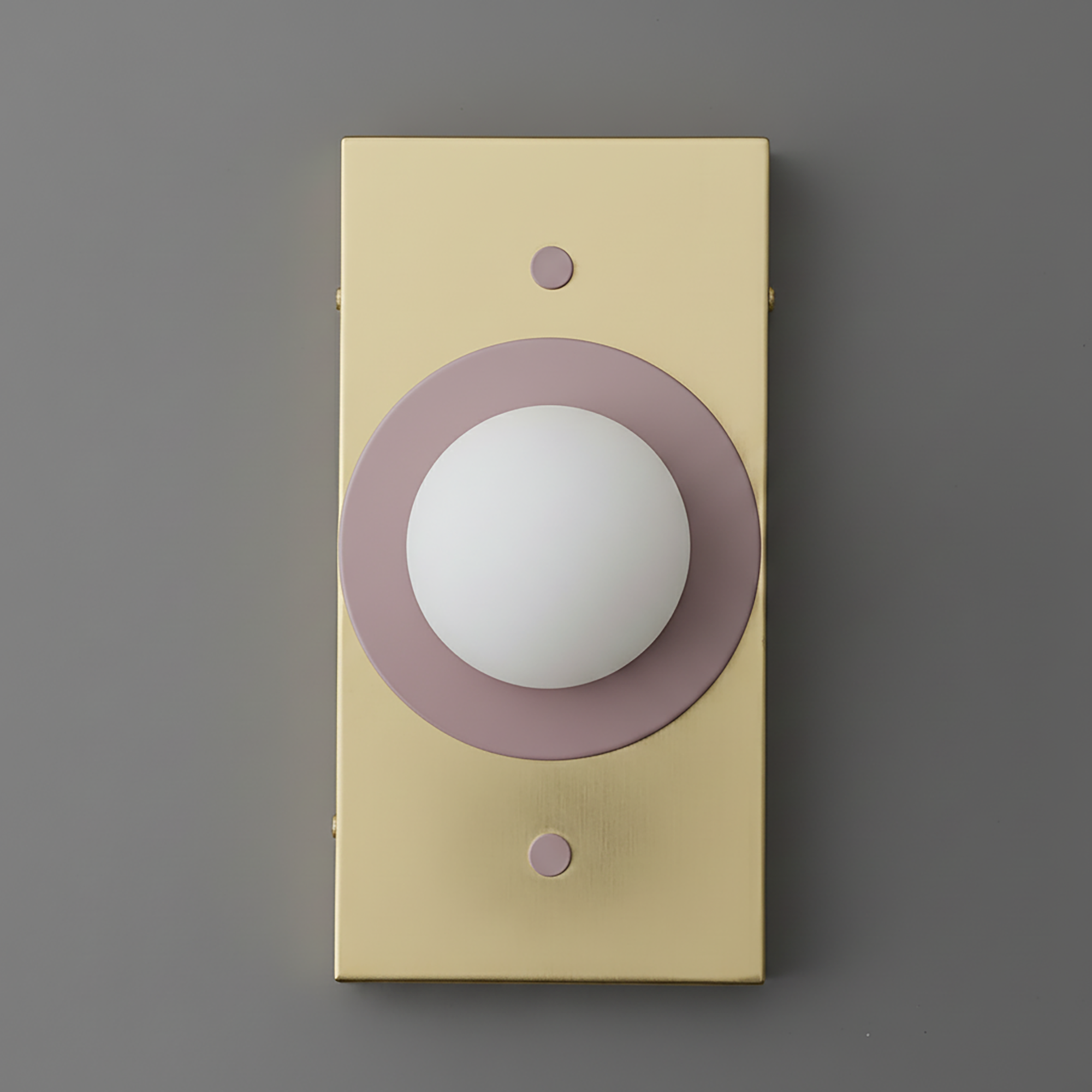 Minimalist wall sconce with cream rectangular backplate and mauve circular accent around white globe shade. - SCONCE MODEL NO. 4474