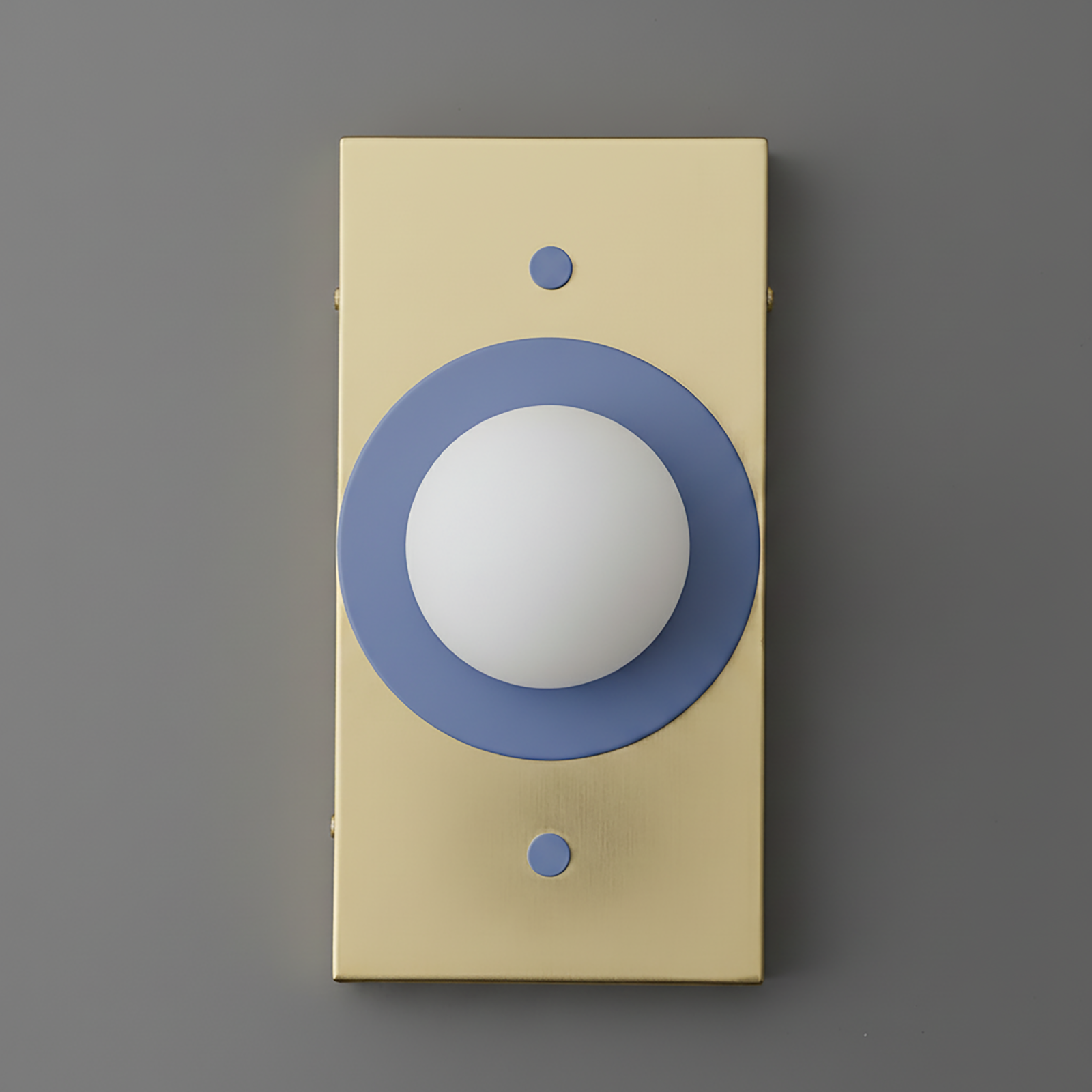 Minimalist wall sconce with antique brass rectangular backplate and periwinkle blue circular accent around white globe light. - SCONCE MODEL NO. 4474