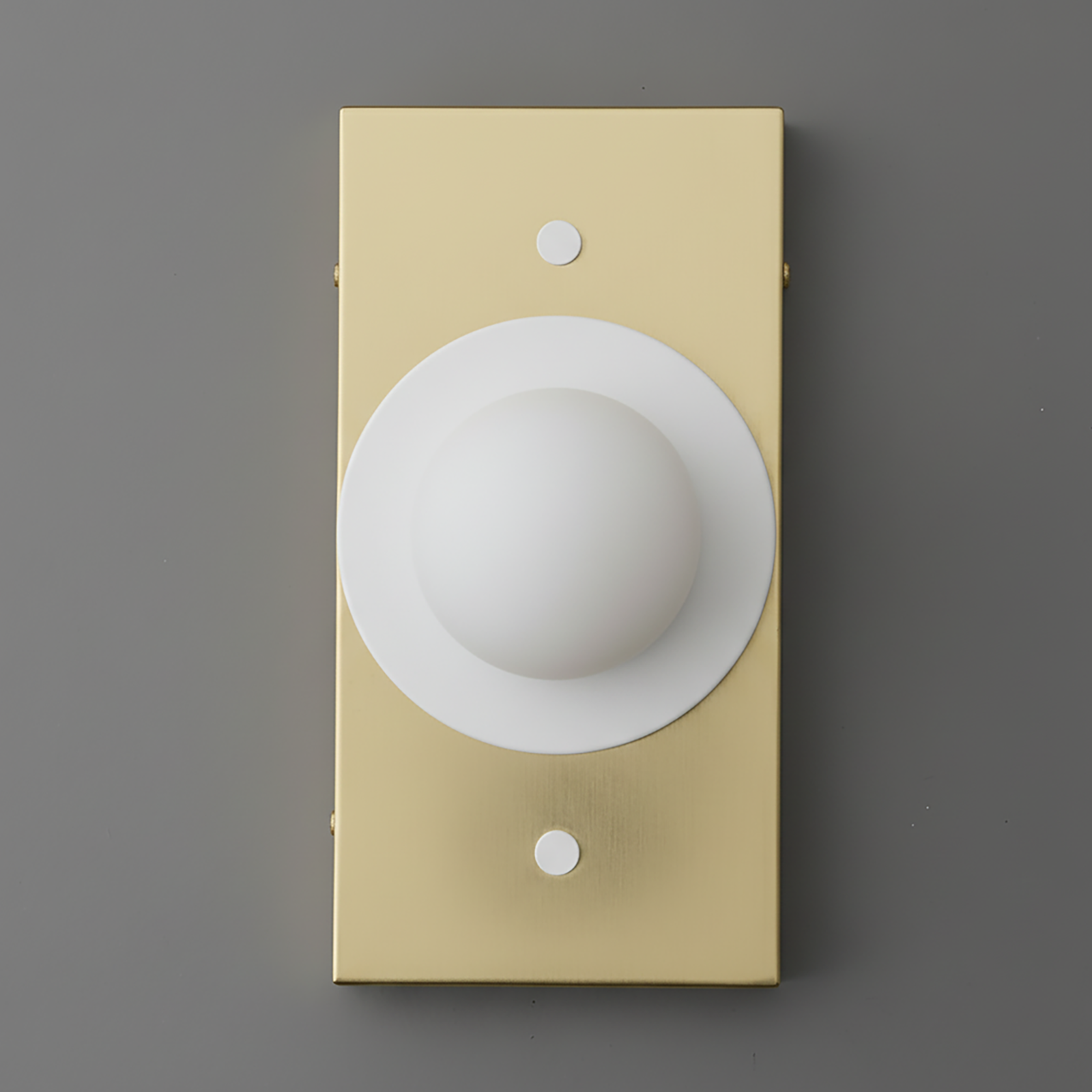 Antique brass rectangular wall sconce with a cream minimalist globe shade and two small circular accents on top and bottom. - SCONCE MODEL NO. 4474