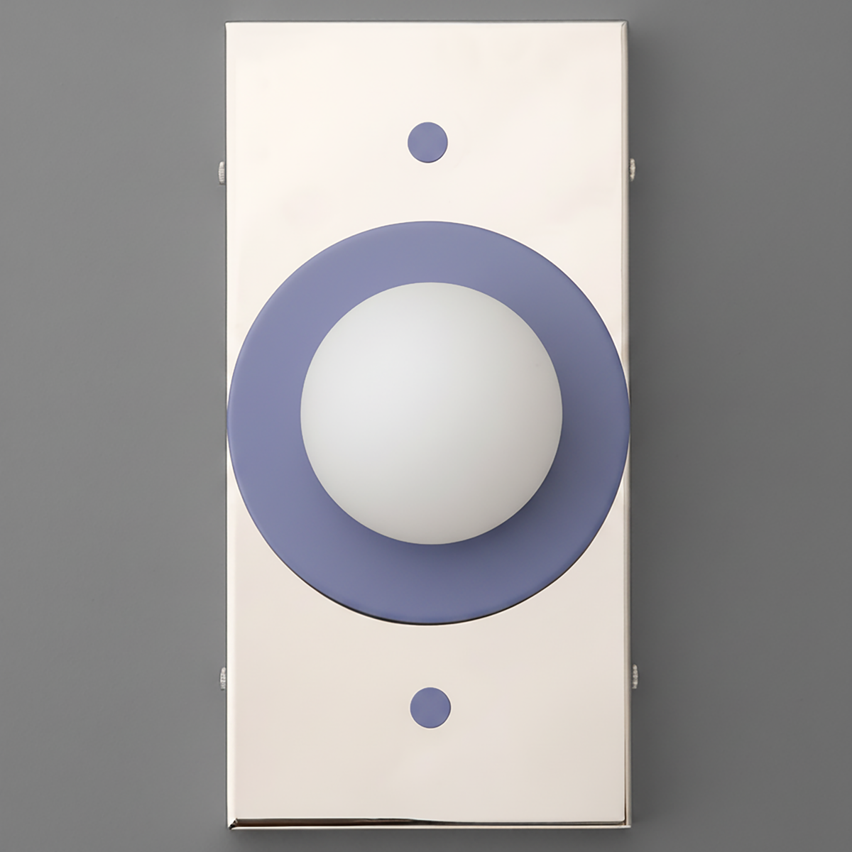 Rectangular wall sconce with cream base and periwinkle circular accents around a white globe light diffuser. - SCONCE MODEL NO. 4474