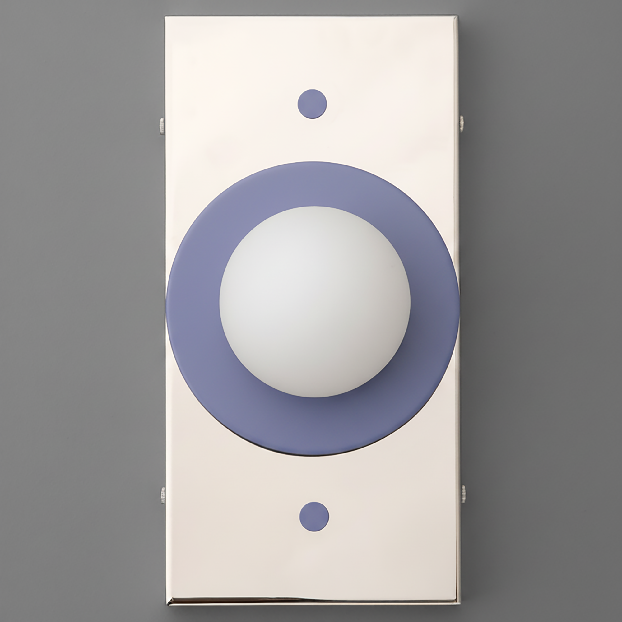 Rectangular wall sconce with cream base and periwinkle circular accents around a white globe light diffuser. - SCONCE MODEL NO. 4474