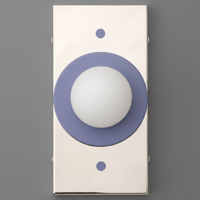 Rectangular wall sconce with cream base and periwinkle circular accents around a white globe light diffuser. - SCONCE MODEL NO. 4474