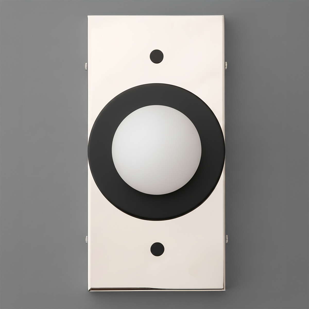 Rectangular brass sconce with black circular frame and white frosted globe light center. - SCONCE MODEL NO. 4474
