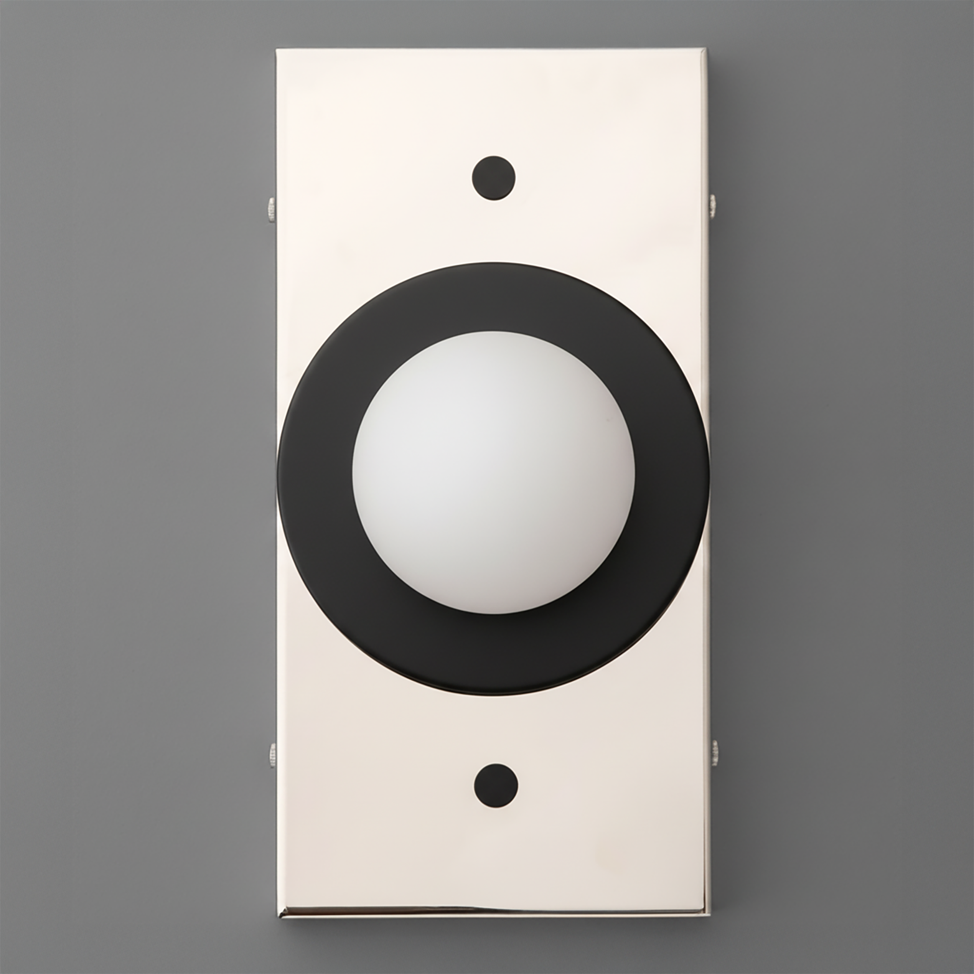 Rectangular brass sconce with black circular frame and white frosted globe light center. - SCONCE MODEL NO. 4474