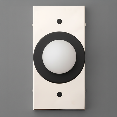 Rectangular brass sconce with black circular frame and white frosted globe light center. - SCONCE MODEL NO. 4474