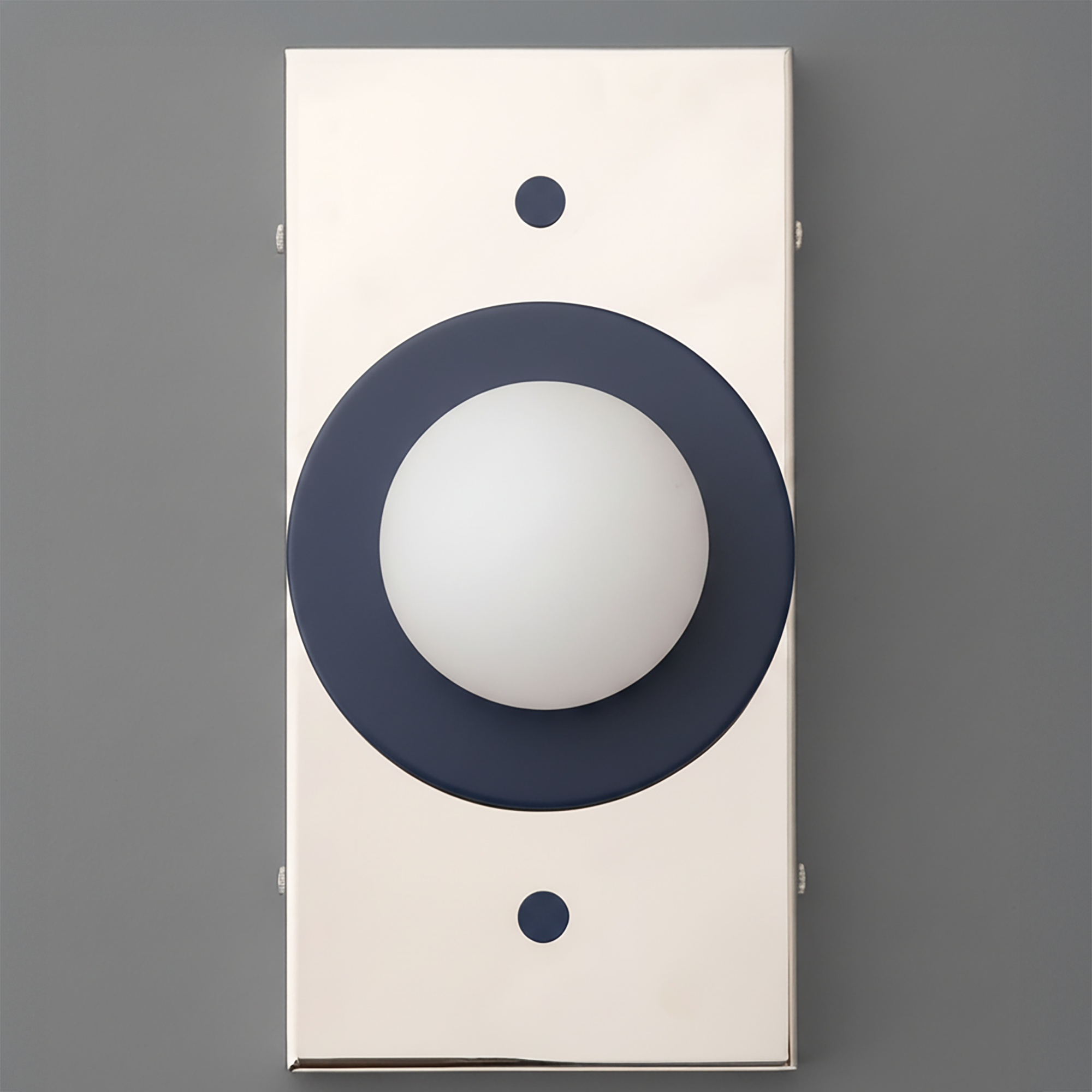 Wall sconce with cream rectangular backplate and black circular ring around frosted globe light. - SCONCE MODEL NO. 4474