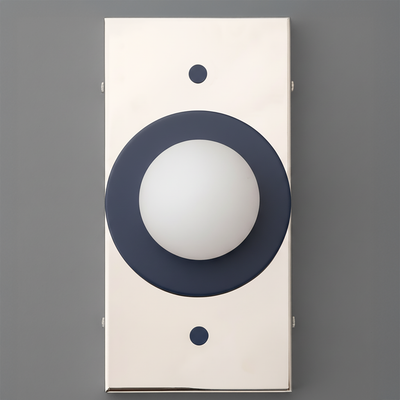 Wall sconce with cream rectangular backplate and black circular ring around frosted globe light. - SCONCE MODEL NO. 4474