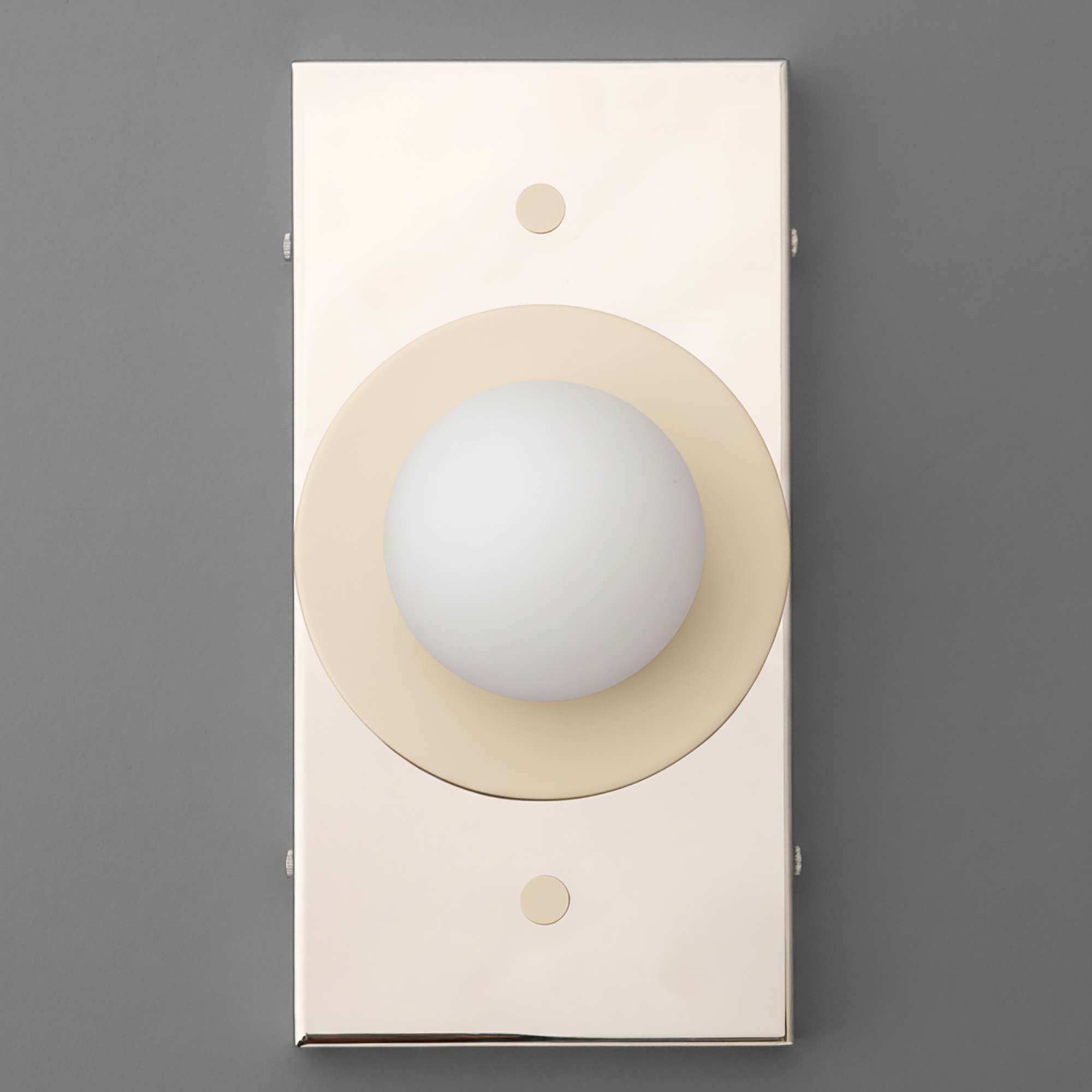 Minimalist rectangular wall sconce with polished nickel base and centered cream globe light. - SCONCE MODEL NO. 4474