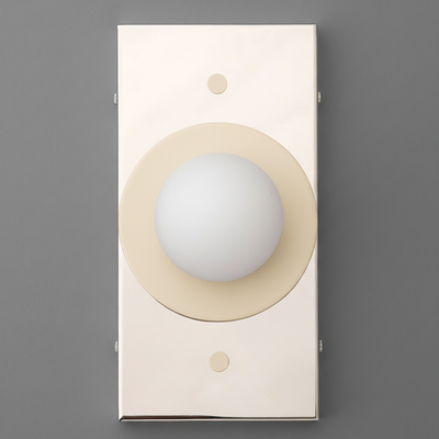 Minimalist rectangular wall sconce with polished nickel base and centered cream globe light. - SCONCE MODEL NO. 4474