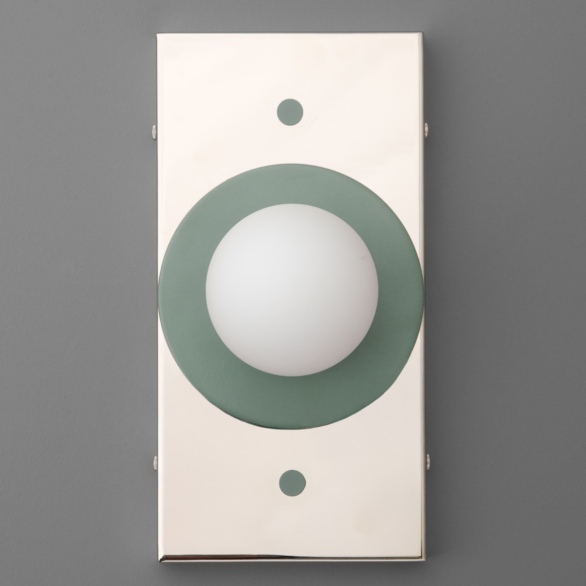 Rectangular wall sconce with polished brass backplate and matte green circular accent around white globe diffuser. - SCONCE MODEL NO. 4474