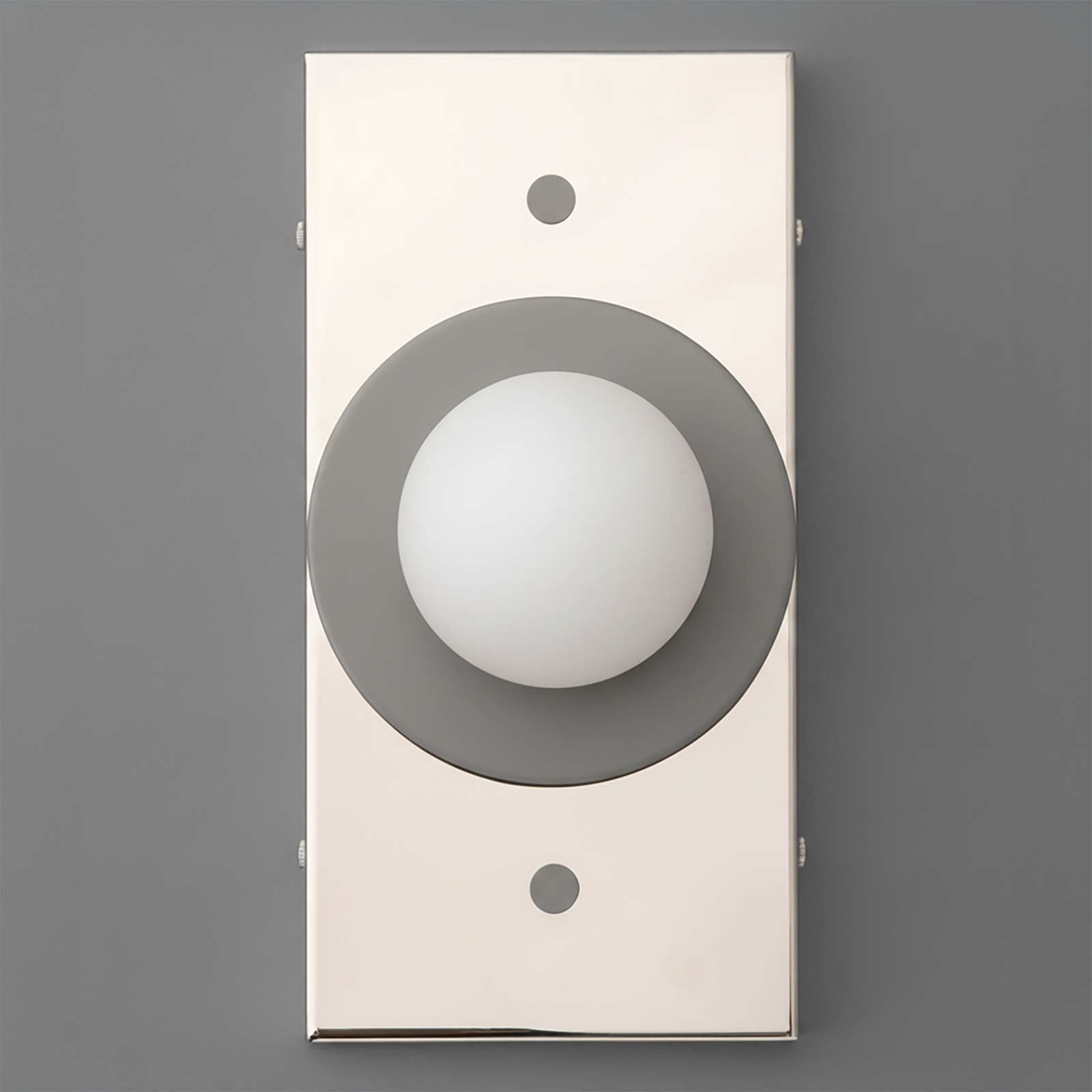Modern rectangular wall sconce with polished nickel finish and frosted white globe light centered on gray circular accent. - SCONCE MODEL NO. 4474