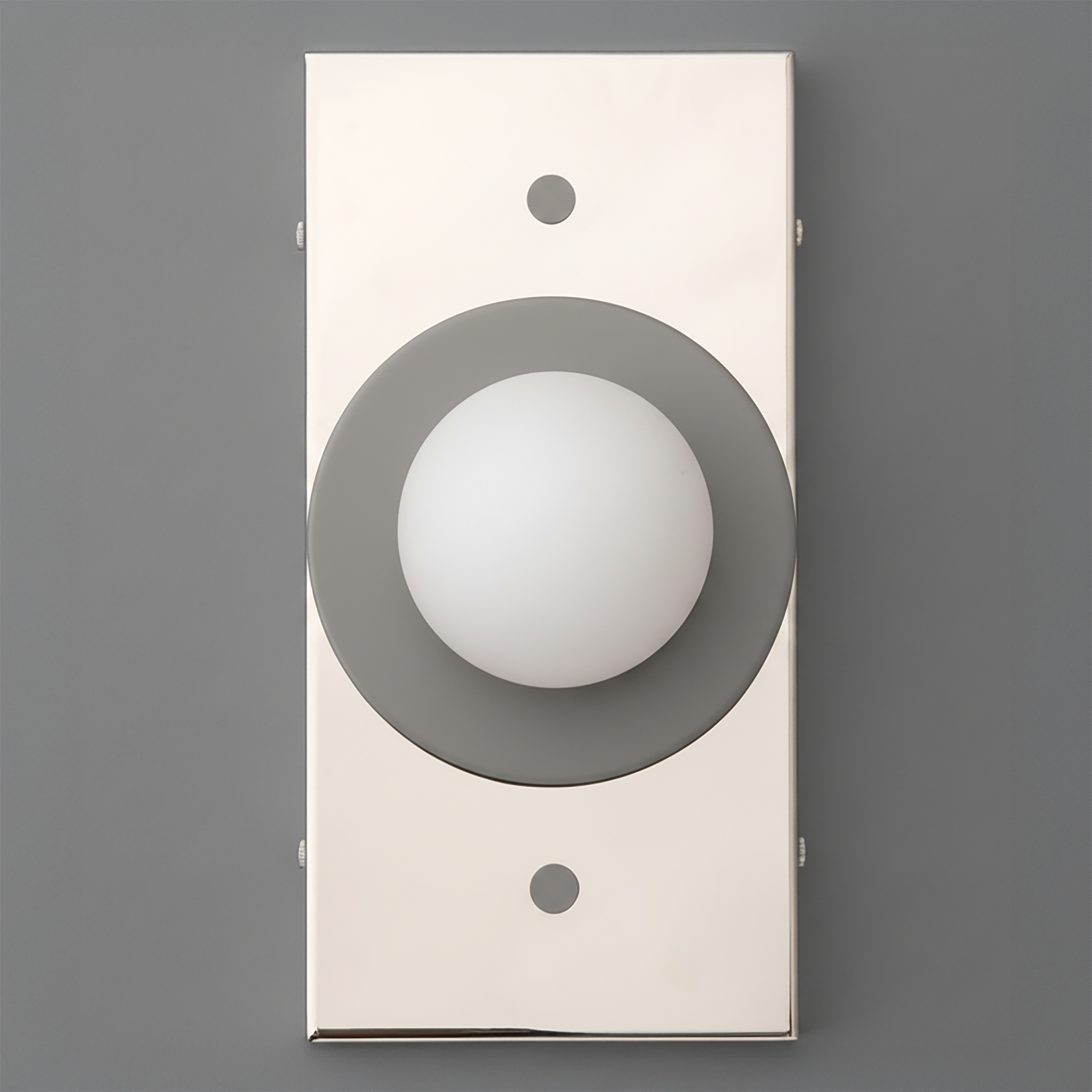 Modern rectangular wall sconce with polished nickel finish and frosted white globe light centered on gray circular accent. - SCONCE MODEL NO. 4474