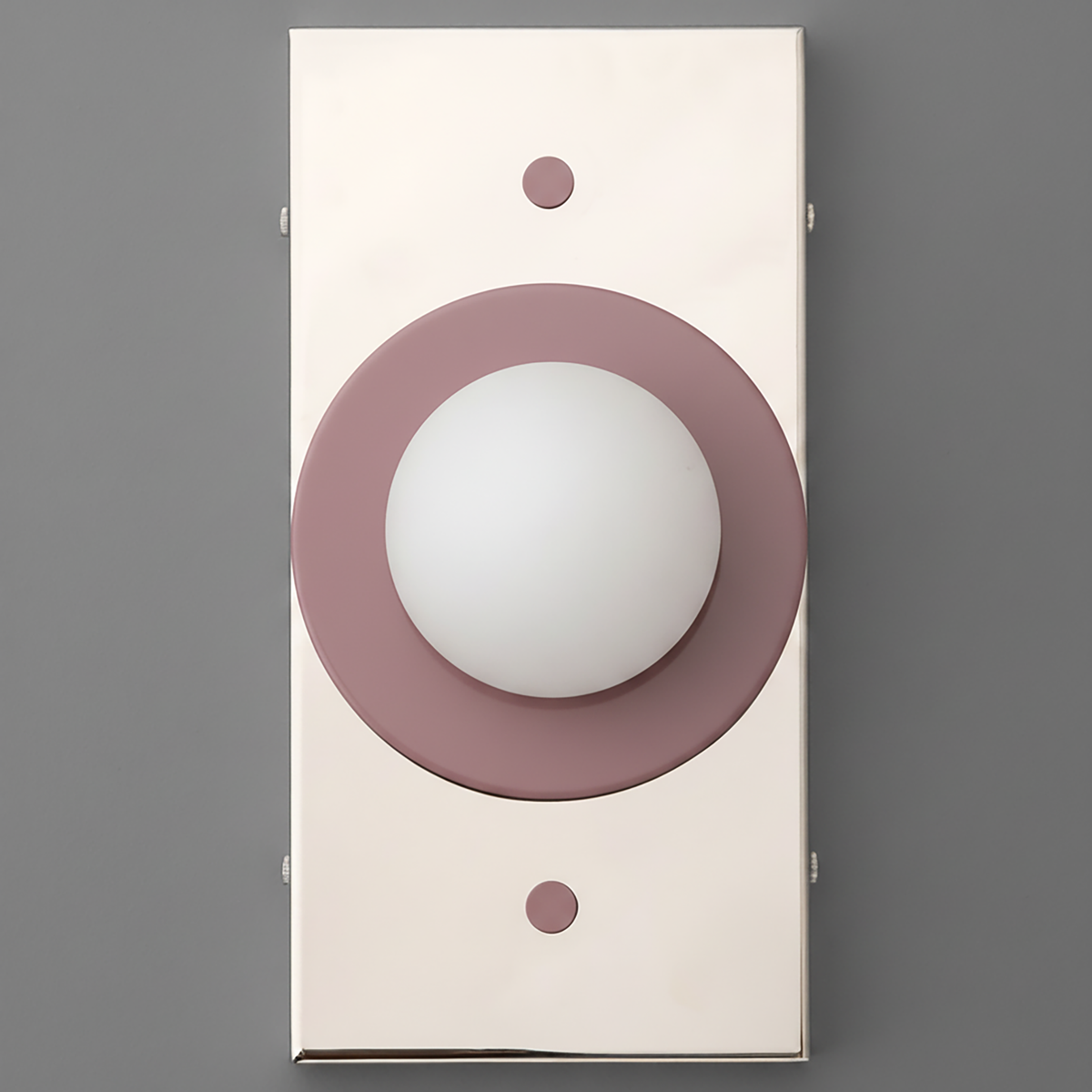 Minimalist wall sconce with cream rectangular backplate and mauve circular accent around white globe light. - SCONCE MODEL NO. 4474