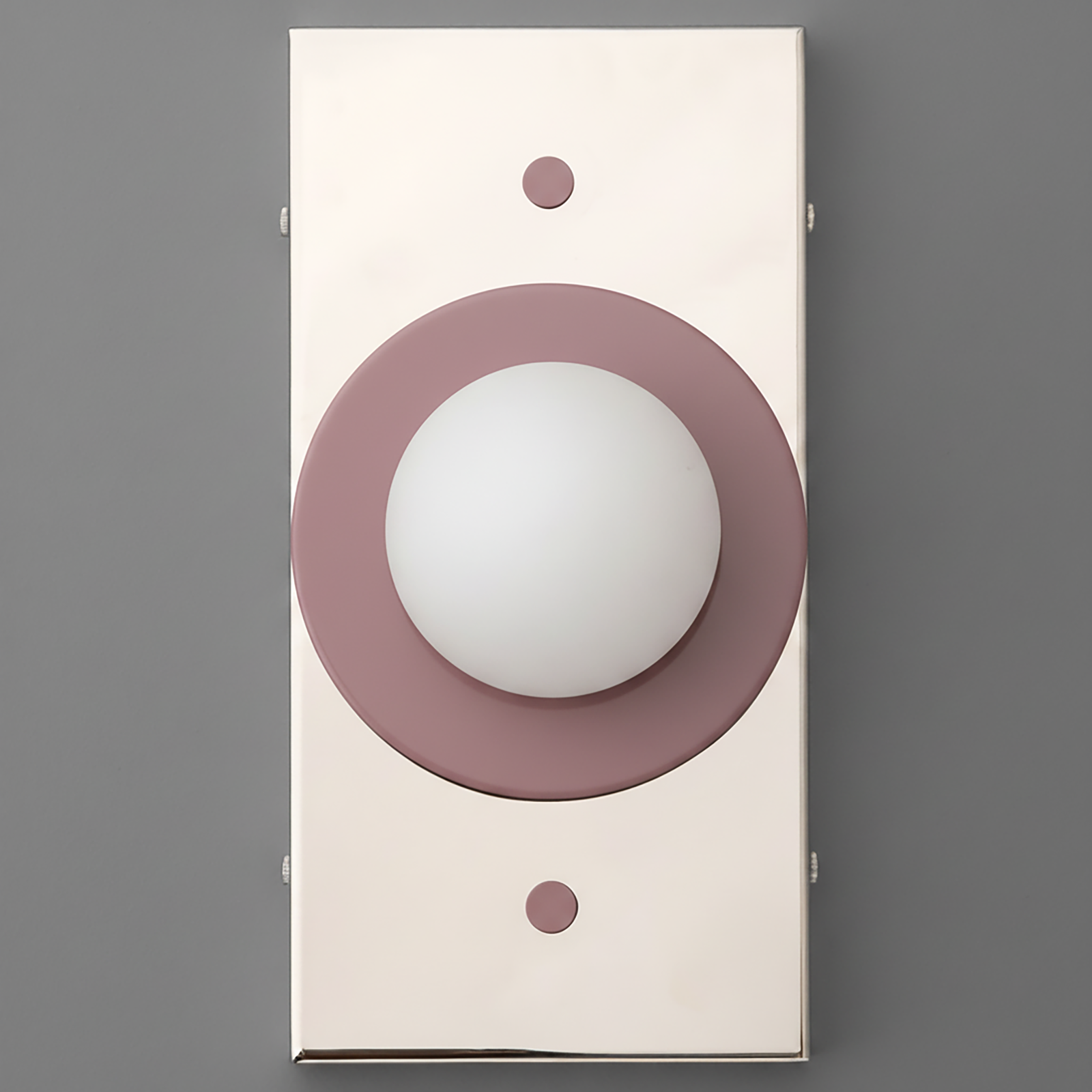 Minimalist wall sconce with cream rectangular backplate and mauve circular accent around white globe light. - SCONCE MODEL NO. 4474