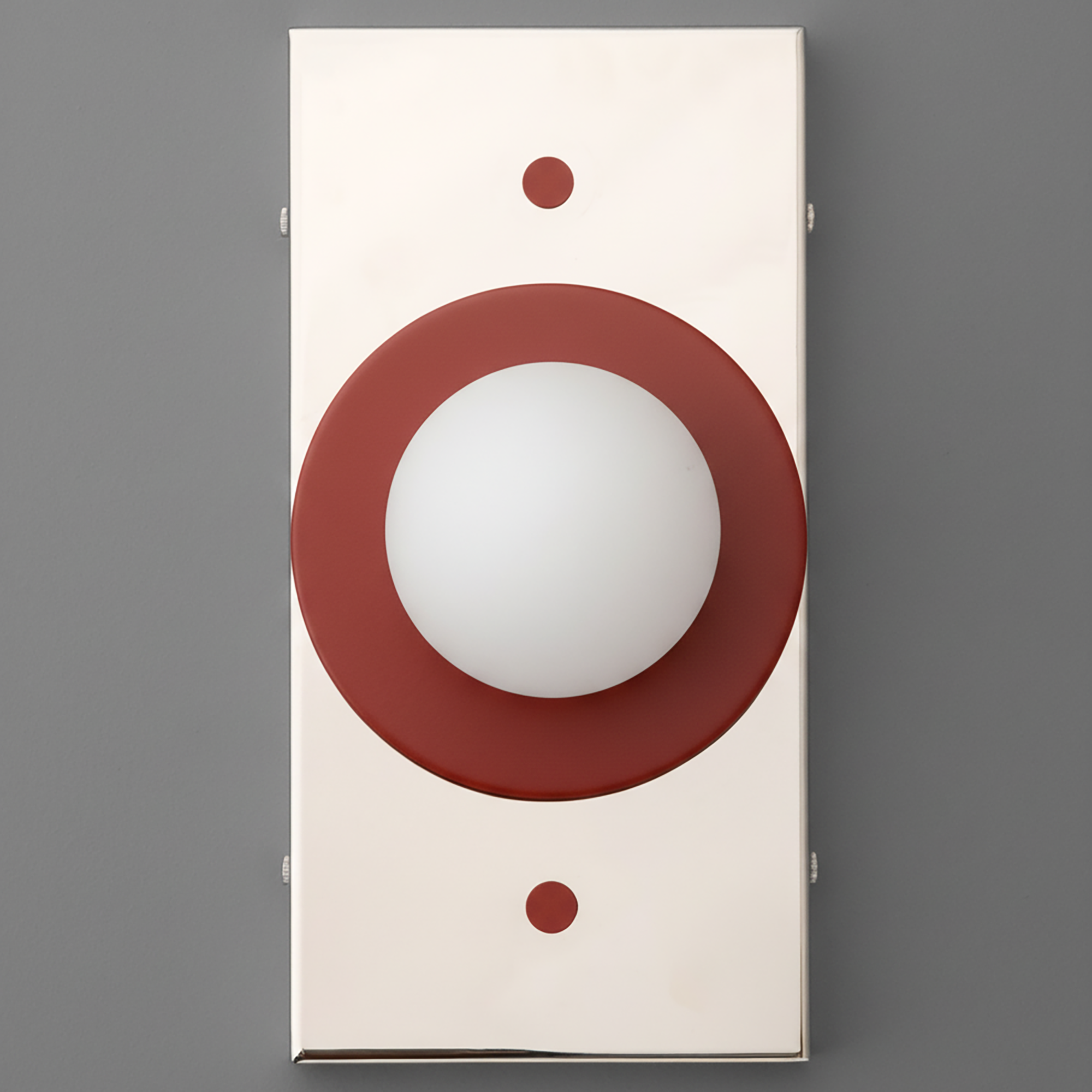 Wall sconce with cream rectangular backplate and central round brick red globe light fixture. - SCONCE MODEL NO. 4474