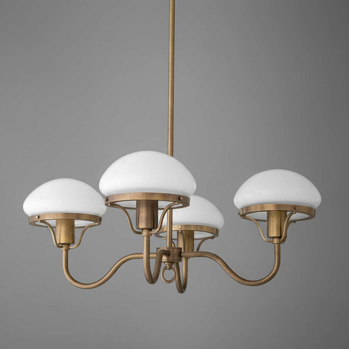 Brass chandelier with four white dome-shaped glass shades and curved arms suspended on a rod. - CHANDELIER MODEL NO. 2136