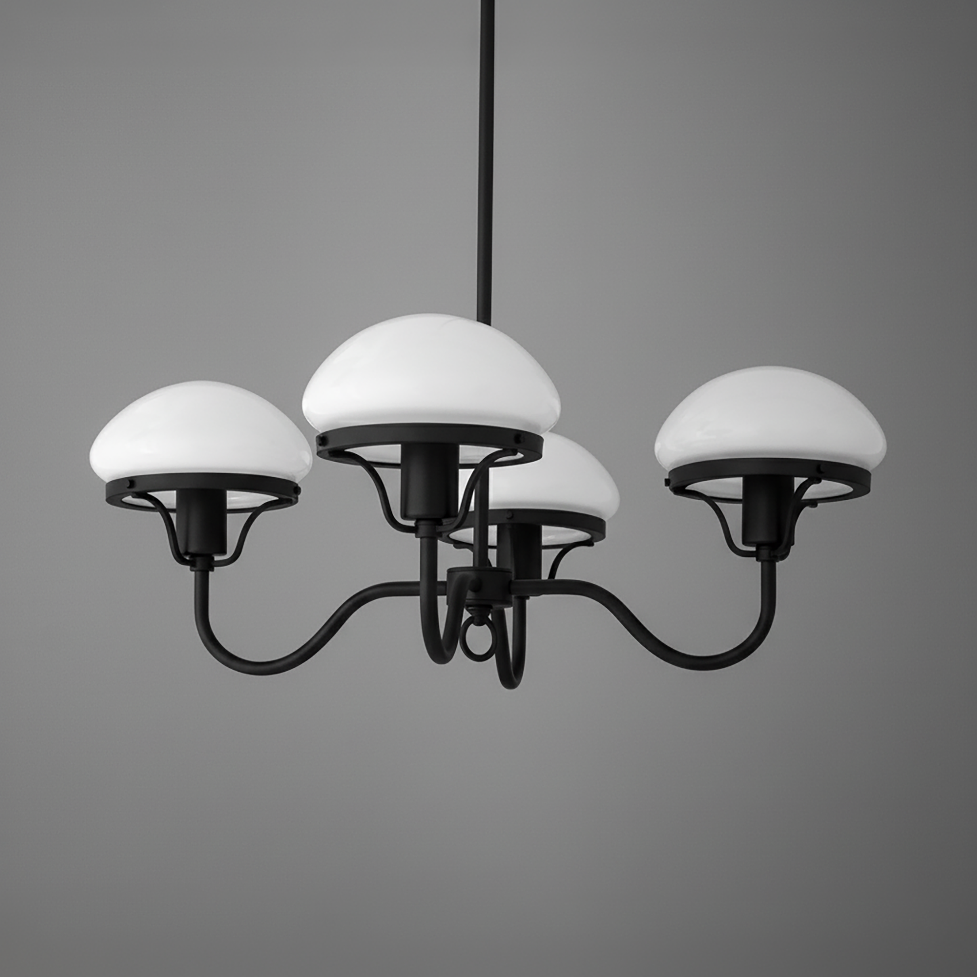 Black chandelier with five curved arms and white dome-shaped glass shades. - CHANDELIER MODEL NO. 2136