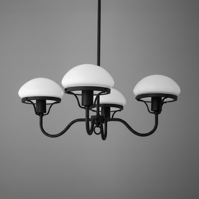 Black chandelier with five curved arms and white dome-shaped glass shades. - CHANDELIER MODEL NO. 2136