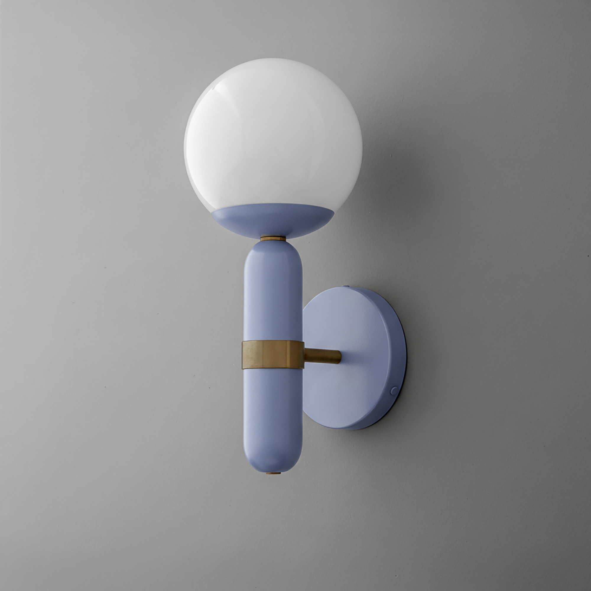 Wall sconce with periwinkle blue brass base and frosted white globe shade. - SCONCE MODEL NO. 4786