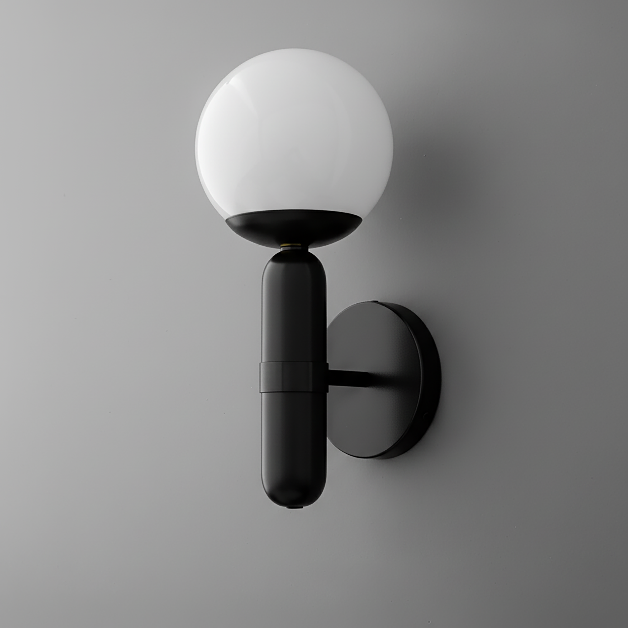 Modern black metal sconce with a round white glass globe shade mounted on a black circular wall plate. - SCONCE MODEL NO. 4786