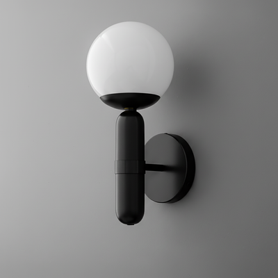 Modern black metal sconce with a round white glass globe shade mounted on a black circular wall plate. - SCONCE MODEL NO. 4786