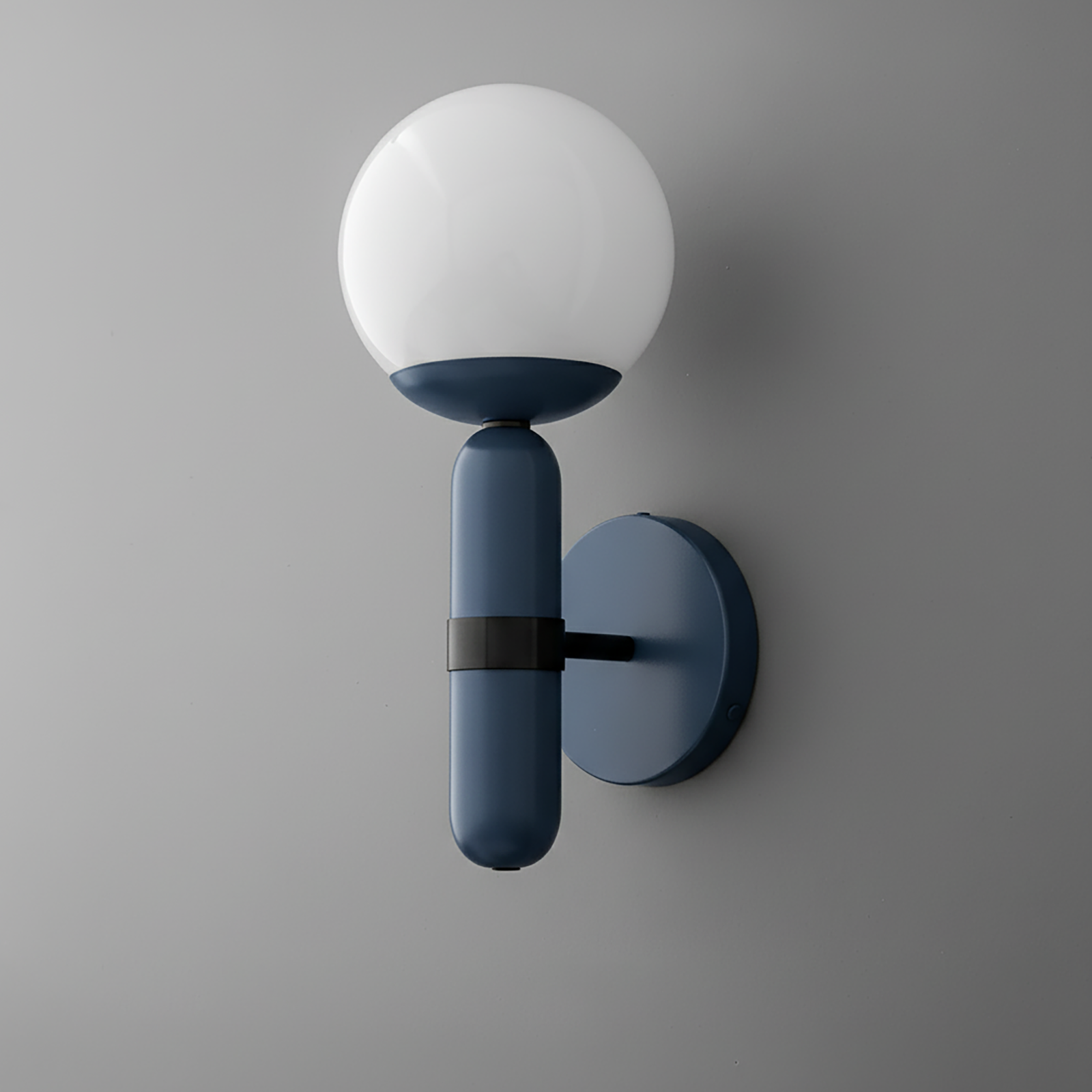 Wall sconce with a coal blue base and frosted white globe shade mounted on a round wall plate. - SCONCE MODEL NO. 4786