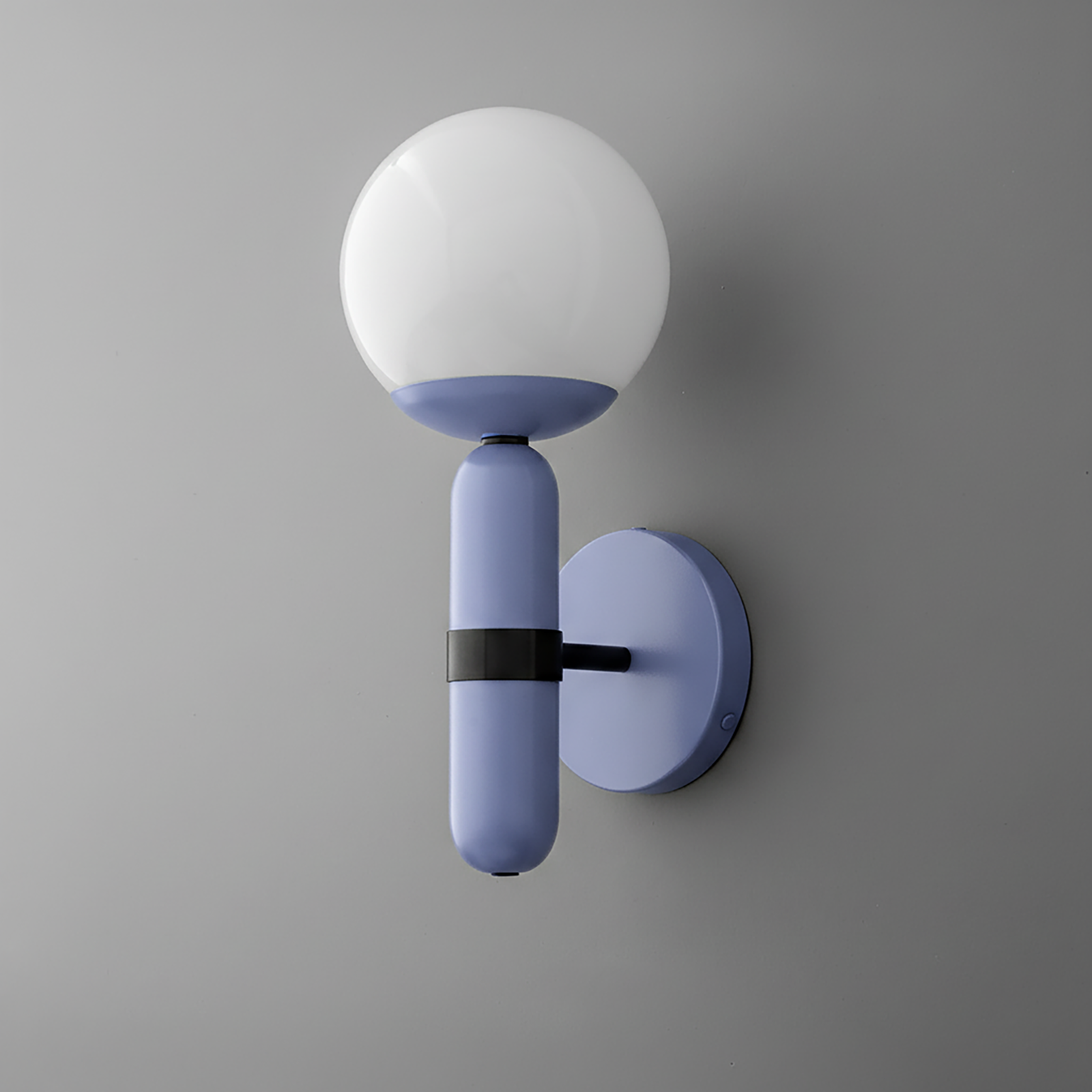 Modern wall sconce with periwinkle blue metal base and frosted white glass globe shade. - SCONCE MODEL NO. 4786