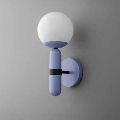 Modern wall sconce with periwinkle blue metal base and frosted white glass globe shade. - SCONCE MODEL NO. 4786