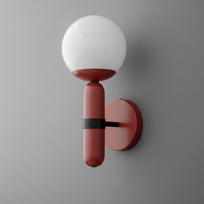 Wall sconce with matte brick red cylindrical base and white round glass globe shade mounted on gray wall. - SCONCE MODEL NO. 4786