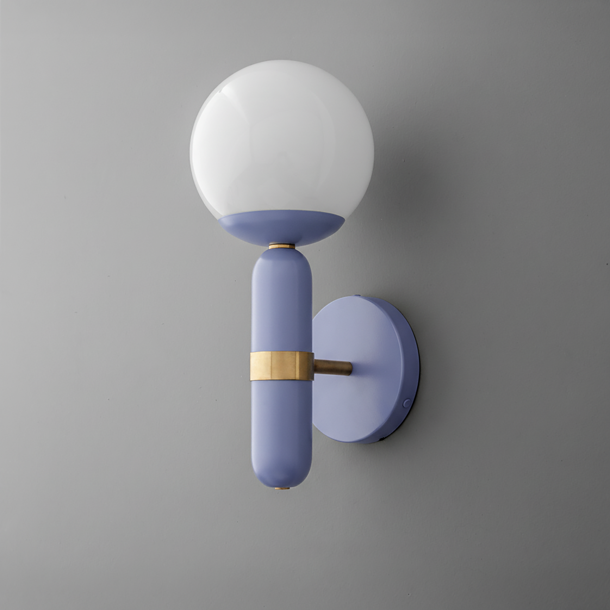 Wall sconce with raw brass accent and periwinkle blue metal base, frosted white globe shade. - SCONCE MODEL NO. 4786
