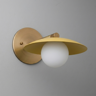 Brushed brass wall sconce with matte yellow conical shade and frosted white globe bulb. - SCONCE MODEL NO. 9872