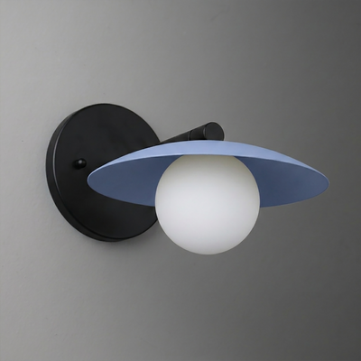 Wall-mounted sconce with matte black round base, angled arm, and flat blue metal shade over frosted white glass globe bulb. - SCONCE MODEL NO. 9872