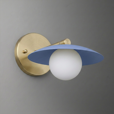Wall sconce with matte blue flat metal shade and frosted white globe bulb on brushed brass mount. - SCONCE MODEL NO. 9872
