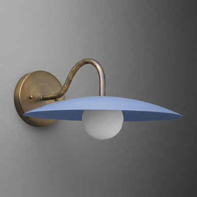 Wall-mounted sconce with curved brass arm and wide, flat blue metal shade over exposed round white bulb. - SCONCE MODEL NO. 2162