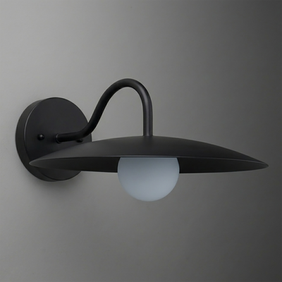 Black metal wall sconce with curved arm and wide, flat shade over frosted globe bulb. - SCONCE MODEL NO. 2162