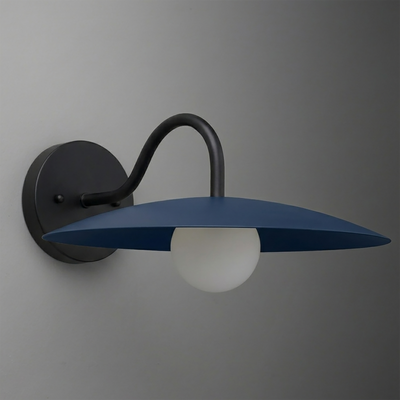 Black metal wall sconce with curved arm and flat blue conical shade over frosted white globe bulb. - SCONCE MODEL NO. 2162