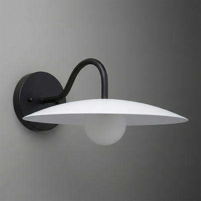 Matte black wall sconce with curved arm and flat, wide white glass shade over frosted globe bulb. - SCONCE MODEL NO. 2162