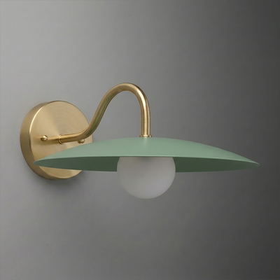 Wall sconce with matte gold curved arm and round base, featuring a flat green metal shade and frosted white globe bulb. - SCONCE MODEL NO. 2162