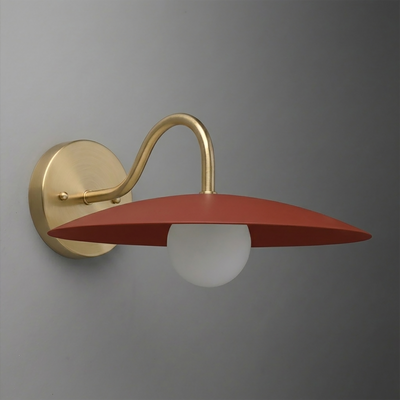 Wall sconce with matte gold curved arm and flat, wide rust-red metal shade over white bulb. - SCONCE MODEL NO. 2162