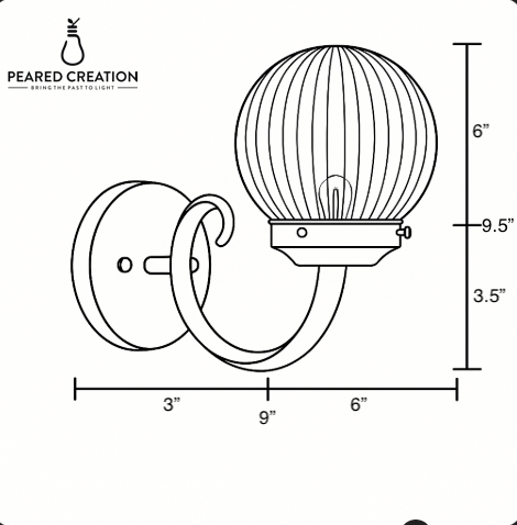 Black metal wall sconce with circular backplate and curved arm holding a ribbed globe glass shade. - SCONCE MODEL NO. 1093