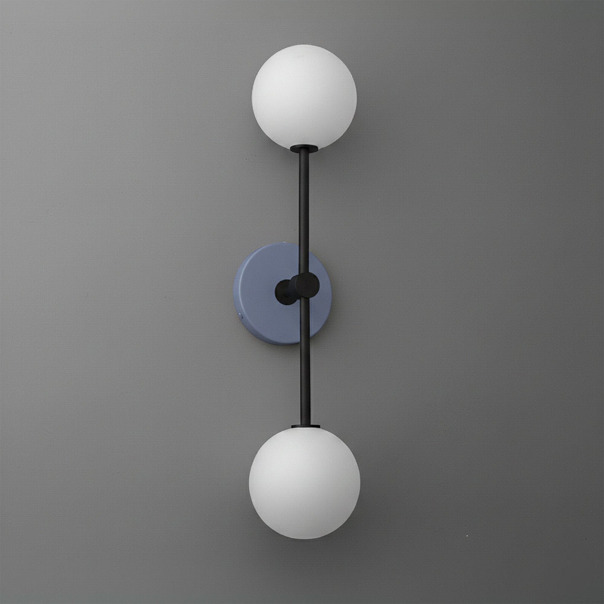 Wall sconce with matte black rod and round periwinkle blue mounting plate, featuring two white glass globe shades. - SCONCE MODEL NO. 9776